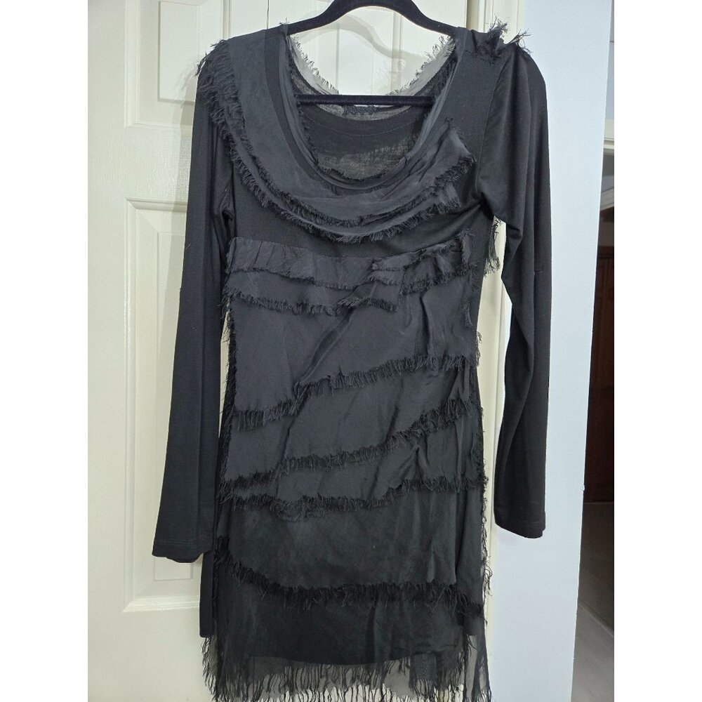 Black Long-Sleeve Fringe 100% Silk Layered Detail Dress W Roll Tab Sleeves Made